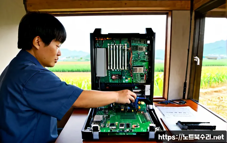 선원면 메인보드조립 및 교체수리 - Photorealistic electronics repair bench in a quiet rural Korean township, technician carefully insta...