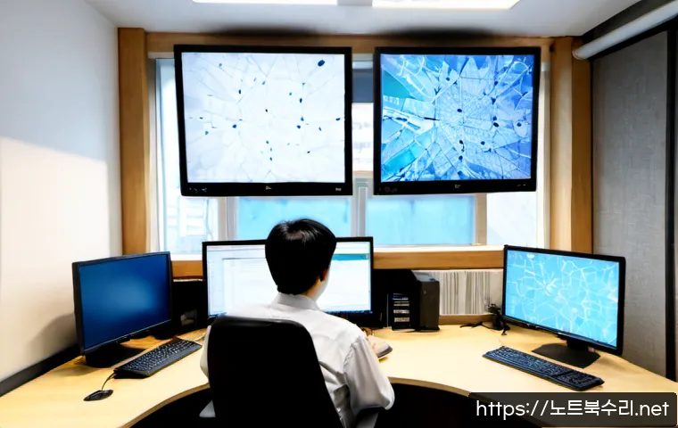수표동 STATUS_KERNEL_THREAD_INTERRUPTED - Photorealistic IT support workstation in a compact Supyo-dong office, technician seated beside dual ...