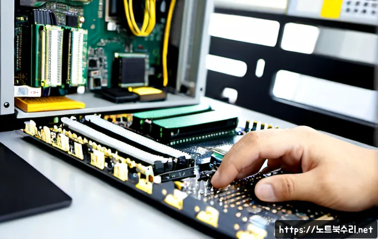 장안면 RAM조립 및 교체수리 - Photorealistic computer repair workstation in Jang-an-myeon, technician carefully installing matchin...