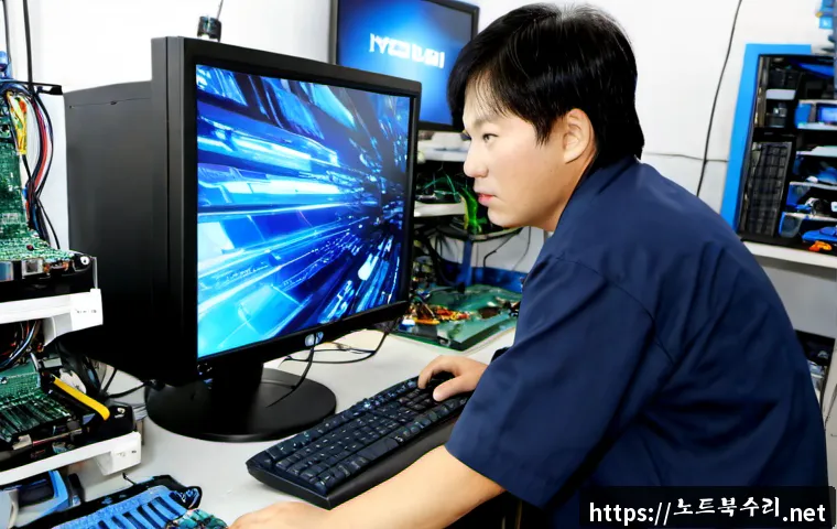 황학동 DRIVER_IRQL_NOT_LESS_OR_EQUAL - Photorealistic computer repair workstation in a compact Hwanghak-dong electronics-market shop, techn...