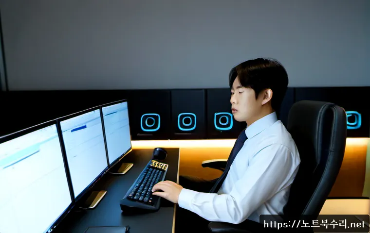 작동 STATUS_SESSION_TIMEOUT - Photorealistic remote-support workstation, a frustrated office professional facing a dual-monitor de...