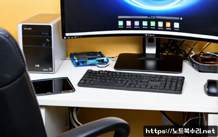 지영동 bootdevice - Photorealistic IT support workstation in a compact Korean neighborhood office, desktop computer open...