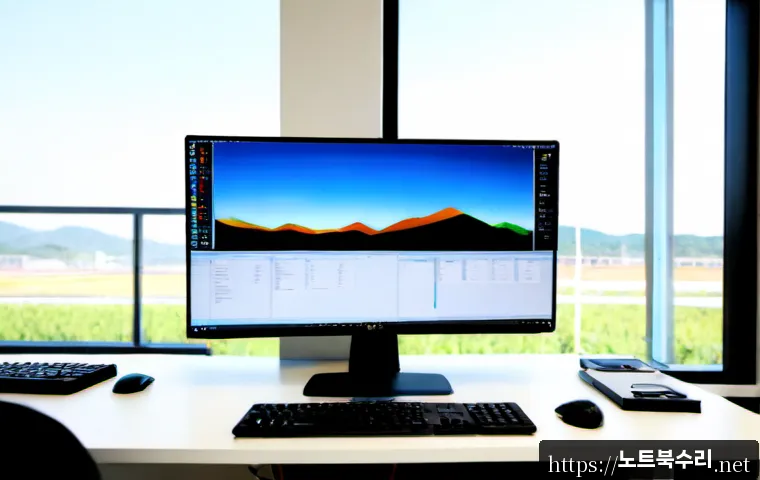 초월읍 MEMORY_MANAGEMENT - Photorealistic software workstation in a quiet Chowoel-eup suburban office, dual monitors displaying...