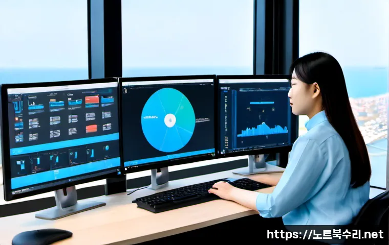 연수구 WATCHDOG_VIOLATION - Photorealistic IT support workstation in a modern Songdo-style office, dual monitors displaying a cl...