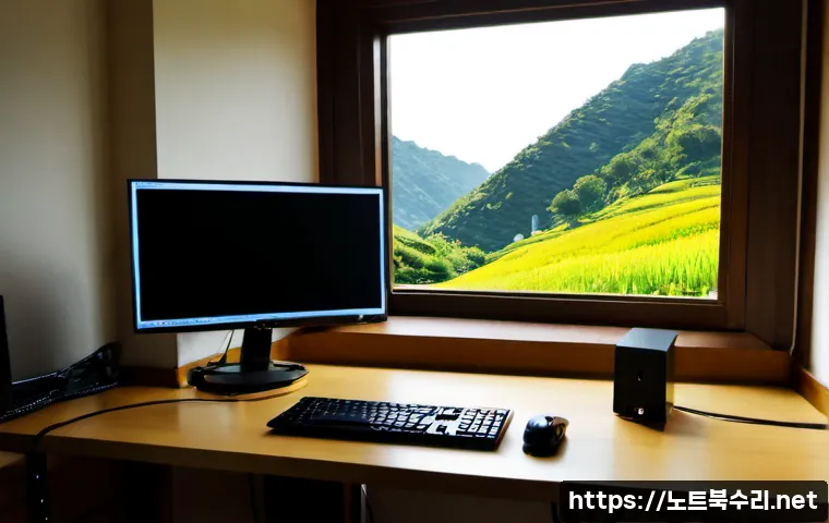 중부면 모니터화면 안나옴 - Photorealistic remote-support scene in a quiet Jungbu-myeon home office, desktop monitor showing a c...