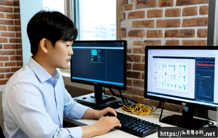 쌍림동 INVALID_KERNEL_HANDLE - Photorealistic IT support workstation in a compact mixed-use Seoul office, dual monitors showing abs...