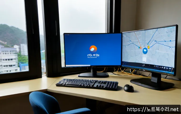 거모동 STATUS_NETWORK_ACCESS_DENIED - Photorealistic IT support workstation in a compact Gomo-dong apartment office, dual monitors showing...