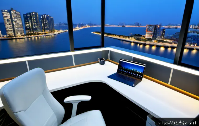 송도동 절전모드 - Photorealistic modern office in Songdo-dong at dusk, a sleek workstation displaying a dimmed unbrand...