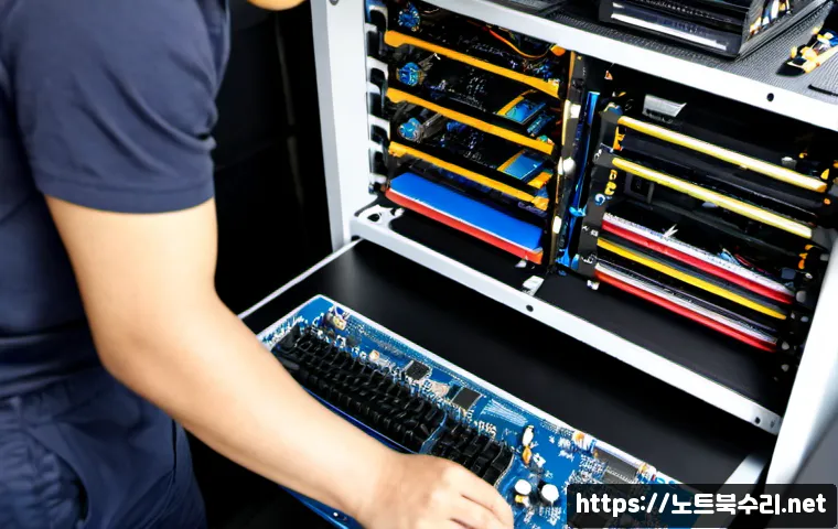 오산시 그래픽카드조립 및 교체수리 - Photorealistic computer repair bench in Osan, South Korea, technician carefully installing a high-en...