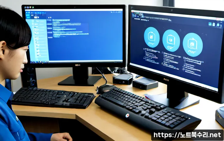 초일동 STATUS_MEMORY_VIOLATION - Photorealistic remote IT support workstation in a compact Choeil-dong apartment office, dual monitor...