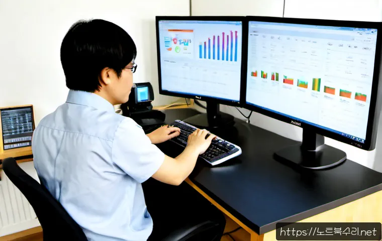 궐동 USER_MODE_HEALTH_MONITOR - Photorealistic IT support workstation in a compact Gwoldong apartment office, dual monitors showing ...
