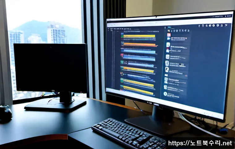 장록동 STATUS_KERNEL_PERMISSION_DENIED - Photorealistic IT support workstation in a compact Jangnok-dong apartment office, dual monitors show...