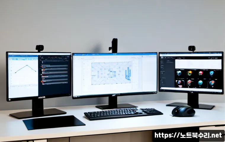 수원시 STATUS_INVALID_SESSION - Photorealistic product design workstation in Suwon, dual monitors showing abstract CAD-like mechanic...