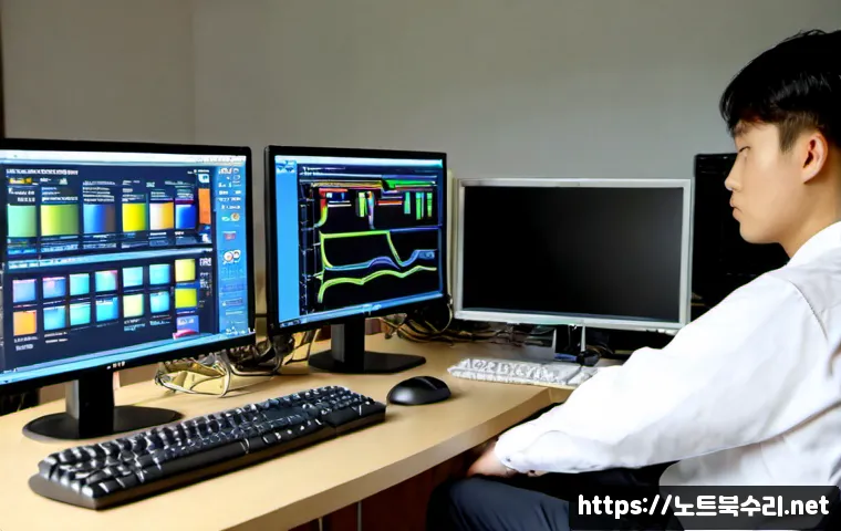 소요동 STATUS_KERNEL_APC_PENDING - Photorealistic IT support workstation in a quiet suburban Korean office near forested foothills, dua...