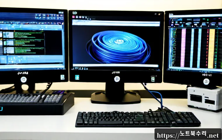교북동 STATUS_KERNEL_PERMISSION_DENIED - Photorealistic IT support workstation in a compact Korean neighborhood office, dual monitors showing...