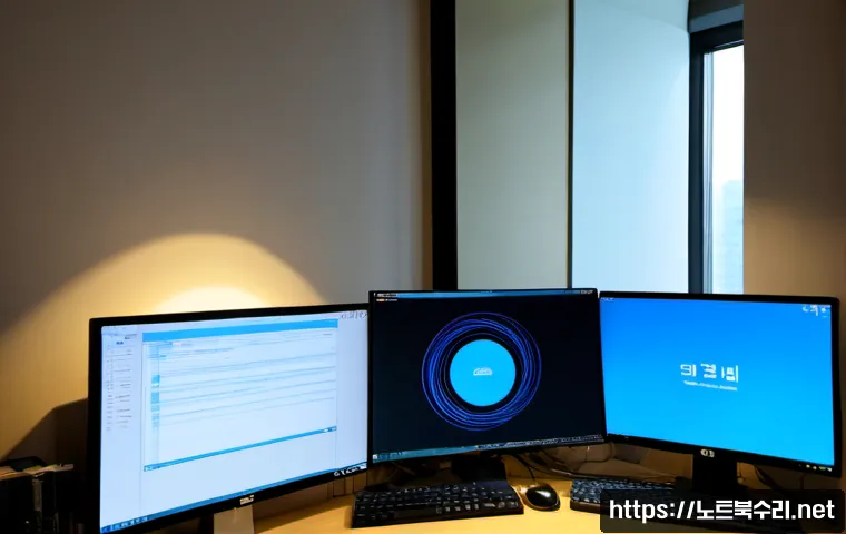 재궁동 NTFS_FILE_SYSTEM - Photorealistic IT support workstation in a compact Jaegung-dong apartment office, dual monitors show...