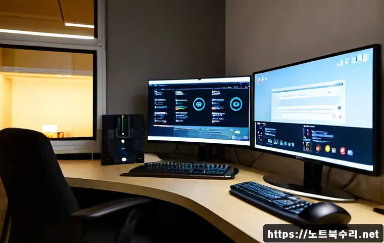 구천동 STATUS_NETWORK_ACCESS_DENIED - Photorealistic remote-support workstation in a compact Seoul apartment office, dual monitors showing...