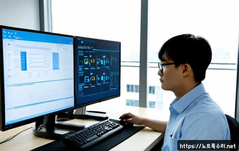 정왕동 NDIS_INTERNAL_ERROR - Photorealistic remote IT support workstation in a compact modern office, dual monitors showing a blu...