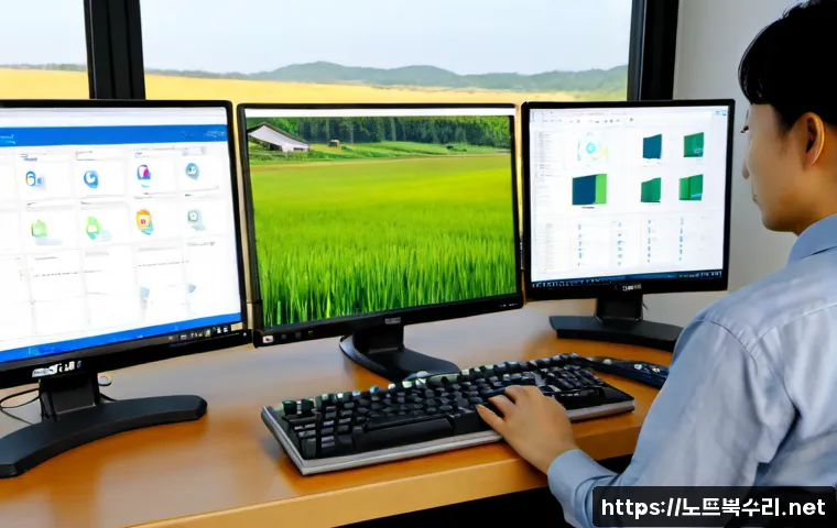 백학면 STATUS_MODULE_NOT_FOUND - Photorealistic remote-support workstation in a quiet rural Korean office, dual monitors showing a cl...