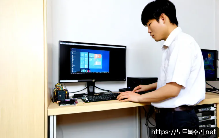 안중읍 컴퓨터업그레이드 - Photorealistic computer upgrade workstation in a quiet Anjung-eup apartment, technician installing a...