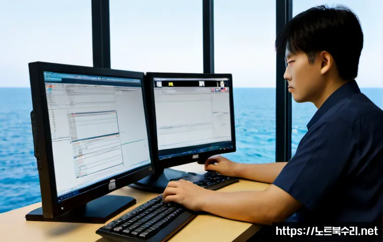 백령면 VENDOR_DEFINED_ERROR - Photorealistic remote-support workstation in a quiet island office, technician studying a dual-monit...