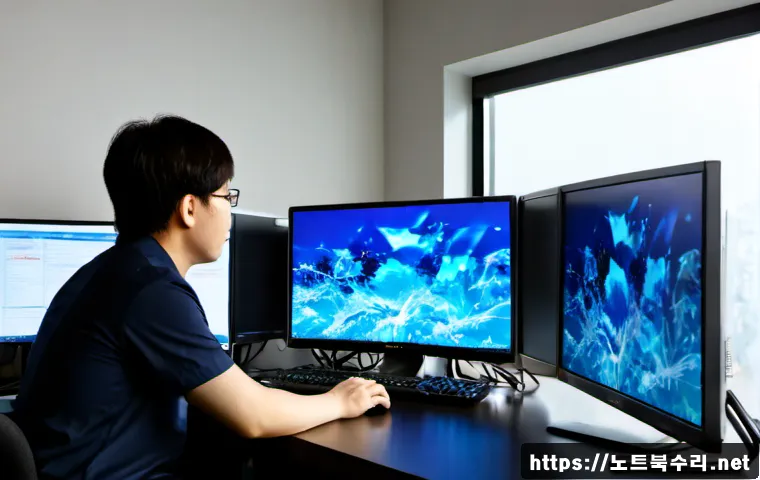 북창동 STATUS_KERNEL_DATA_CORRUPTION - Photorealistic IT support workstation in a compact Bukhchang-dong office, dual monitors showing abst...