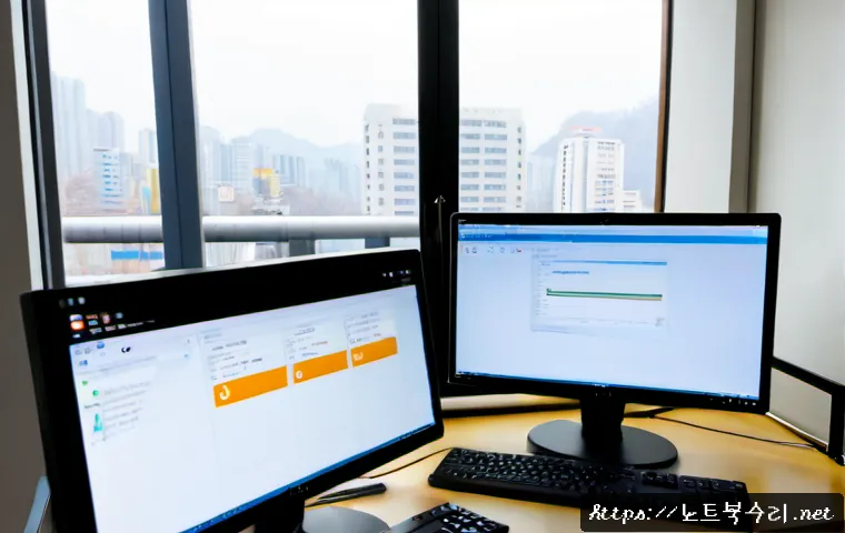 통복동 SESSION5_INITIALIZATION_FAILED - Photorealistic remote IT support workstation in a compact Pyeongtaek office, dual monitors showing a...