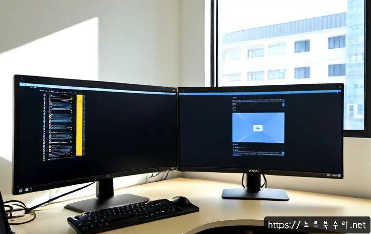 유천동 STATUS_INVALID_OBJECT - Photorealistic IT support workstation in a compact Yucheon-dong office, dual monitors showing an abs...