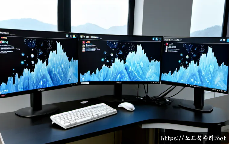 동천동 CRITICAL_PROCESS_DIED - Photorealistic modern workstation in Dongcheon-dong, dual monitors showing a frozen blue system cras...