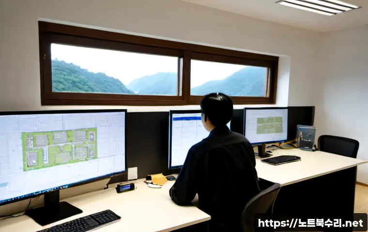 법원읍 STATUS_SESSION_TIMEOUT - Photorealistic remote-support workstation in a quiet rural Korean township office, dual monitors sho...