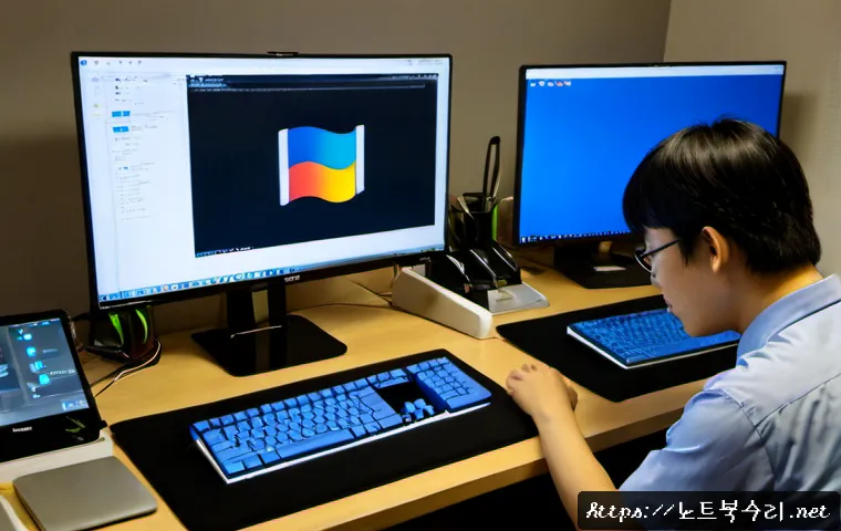 주교동 ubuntu재설치 포맷  초기화 - Photorealistic IT support workstation in a compact Seoul office near an old market district, technic...