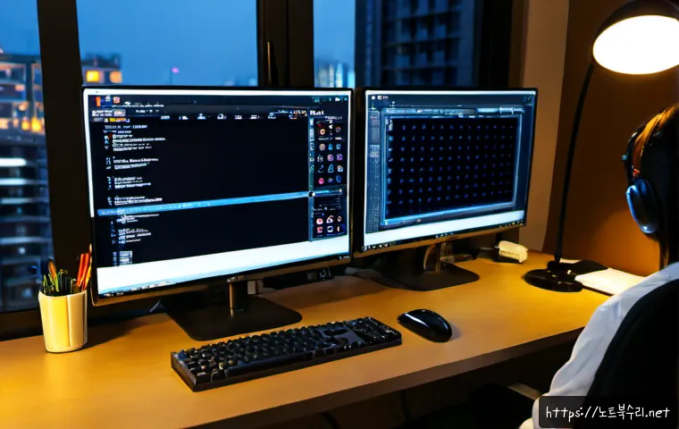 거여동 STATUS_FILE_WRITE_FAILURE - Photorealistic IT support workstation in a compact Geoyeodong apartment office, dual monitors showin...