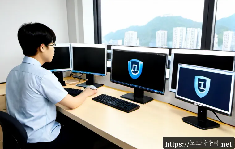 강일동 STATUS_DISK_WRITE_FAILURE - Photorealistic IT support workstation in a modern Gangil-dong apartment office, dual monitors showin...