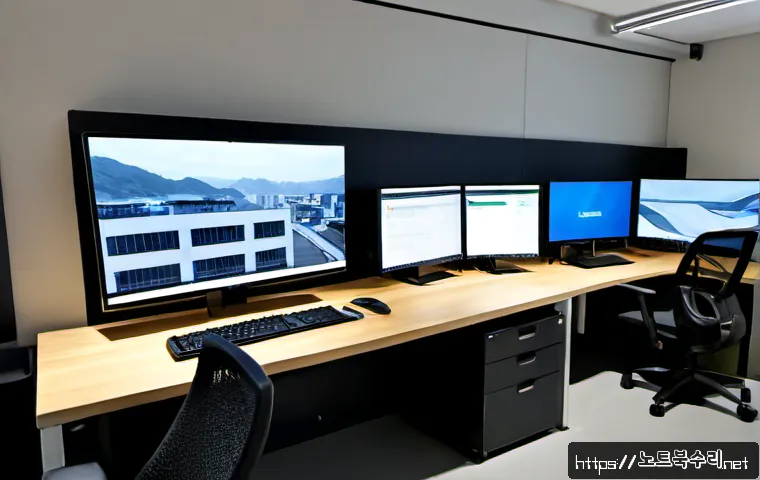 문발동 STATUS_SECURITY_POLICY_VIOLATION - Photorealistic remote IT support workstation in a modern Mumbal-dong design office, dual monitors di...
