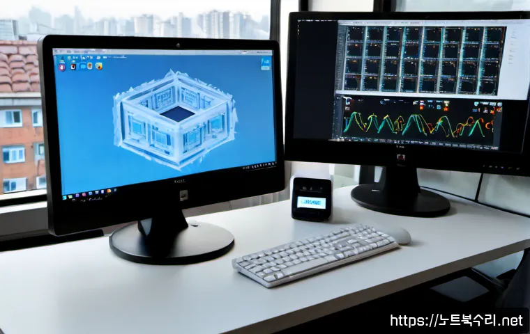 중림동 STATUS_FLOAT_INVALID_OPERATION - Photorealistic IT support workstation in a compact Jungnim-dong office, dual monitors showing a clea...