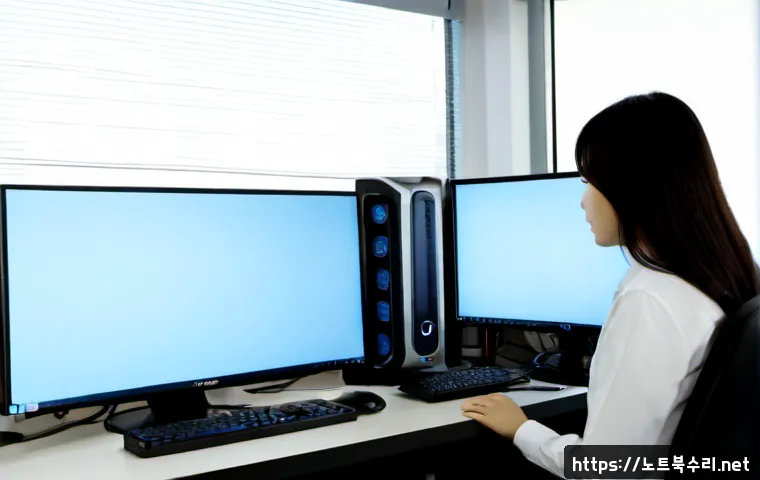 오산시 DRIVER_CAUSED_SYSTEM_CRASH - Photorealistic remote IT support scene in an Osan-dong office, desktop workstation displaying a blan...