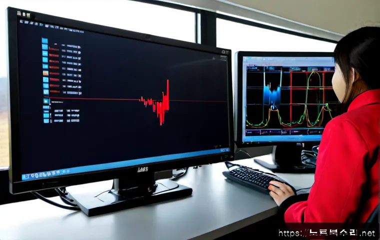 이동면 STATUS_KERNEL_BLOCKED - Photorealistic IT support workstation in a quiet rural township office, dual monitors showing a froz...
