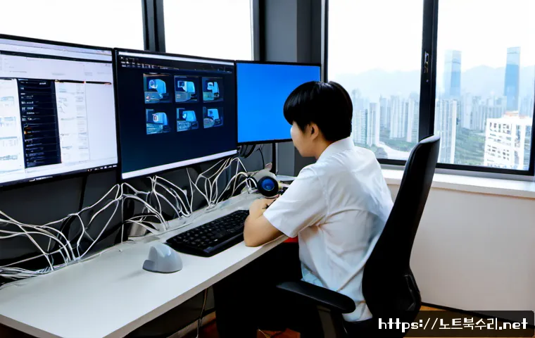 미아리 CRITICAL_OBJECT_TERMINATION - Photorealistic remote IT support workstation in a compact Mia-ri apartment office, dual monitors sho...