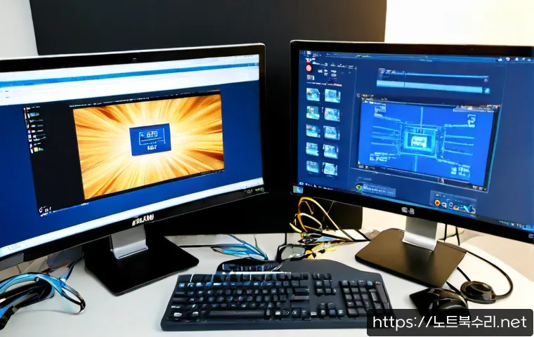 봉남동 블루스크린 - Photorealistic computer repair workstation in a compact Bongnam-dong apartment office, dual monitors...
