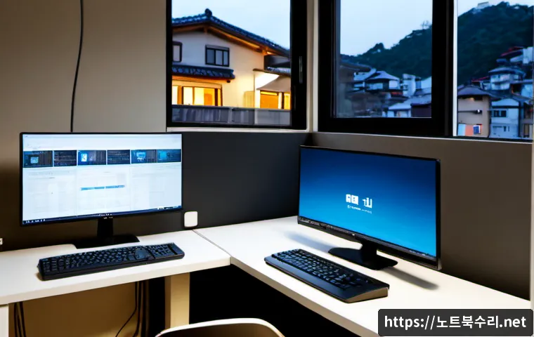 청림동 STATUS_FLOAT_OVERFLOW - Photorealistic remote-support workstation in a compact hillside apartment, dual monitors showing a c...