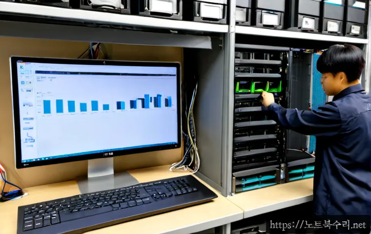안산시 NAS출장방문수리점 - Photorealistic NAS on-site repair workstation inside a compact Ansan industrial office, technician r...