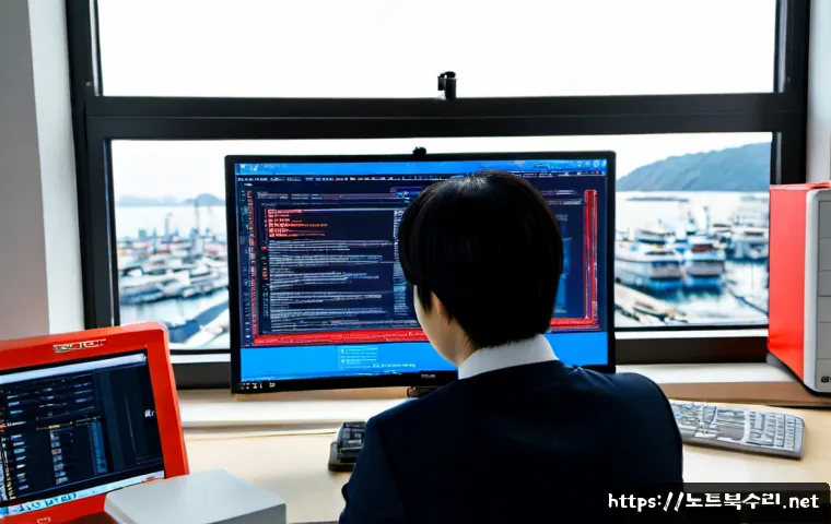 연안동 STATUS_KERNEL_DISK_ERROR - Photorealistic coastal-district IT workstation, technician studying a desktop monitor with a clean a...
