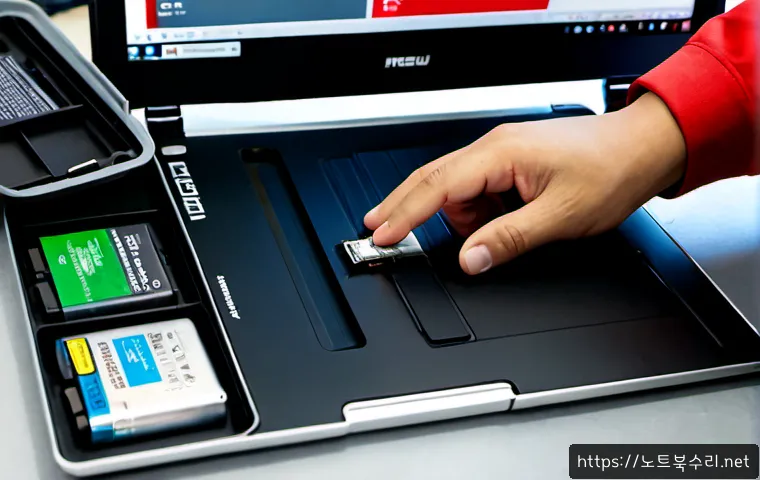 내수동 맥북에어 판매 및 수리 - Photorealistic compact laptop repair studio in Naesu-dong, a slim silver ultrabook opened on an anti...