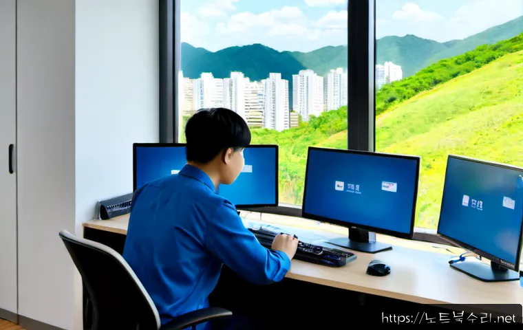 동안구 pc에 문제가 발생하여 다시 시작해야 합니다 - Photorealistic IT support scene in a modern Anyang office, a desktop workstation paused on a plain b...