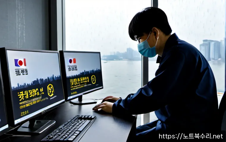 영등포구 악성코드 바이러스 - Photorealistic IT technician disinfecting a malware-infected dual-monitor workstation in a modern Ye...