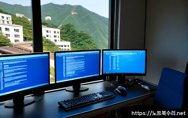 청학동 DRIVER_POWER_STATE_FAILURE - Photorealistic IT support workstation in a compact Korean apartment office, dual monitors showing a ...