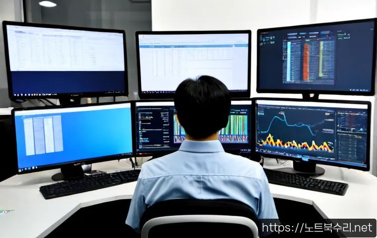 장안동 DRIVER_PORTION_MUST_BE_NONPAGED - Photorealistic IT support workstation in Jangandong, dual monitors showing a clean abstract system d...