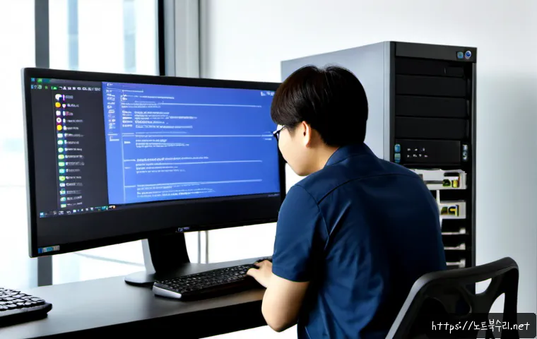 충현동 STATUS_SYSTEM_FILE_MISSING - Photorealistic IT support workstation in Chunghyeon-dong, dual monitors showing a clean abstract sys...