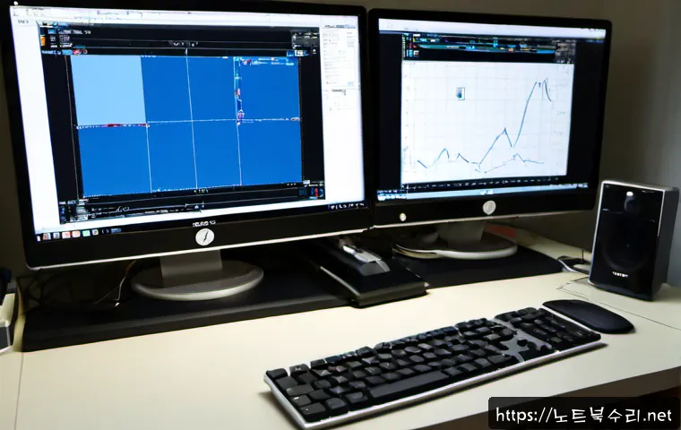 감북동 STATUS_FLOAT_UNDERFLOW - Photorealistic software engineer workstation in a quiet suburban Korean district, dual monitors show...