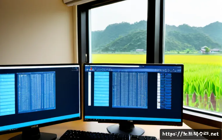 호법면 KERNEL_MODE_HEAP_CORRUPTION - Photorealistic IT support workstation in a quiet Hobeop-myeon office, dual monitors showing a blank ...
